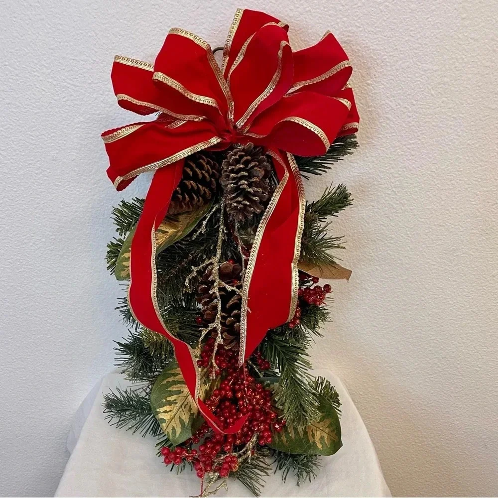 Vintage Artificial Pine Christmas Teardrop Swag with Pine Cones And Ribbon Bow.
